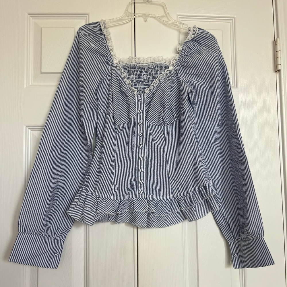 Blue Smocked Ruffled Blouse with Long Sleeves